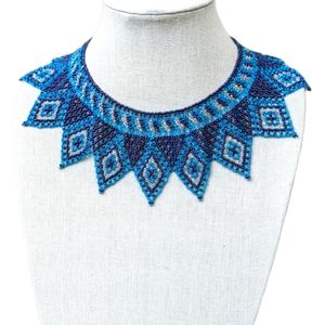 Fine beaded choker necklace, Navy and sky blue